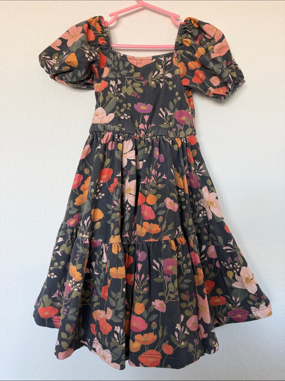 Girls Black Floral Puff-Sleeve Tiered Dress